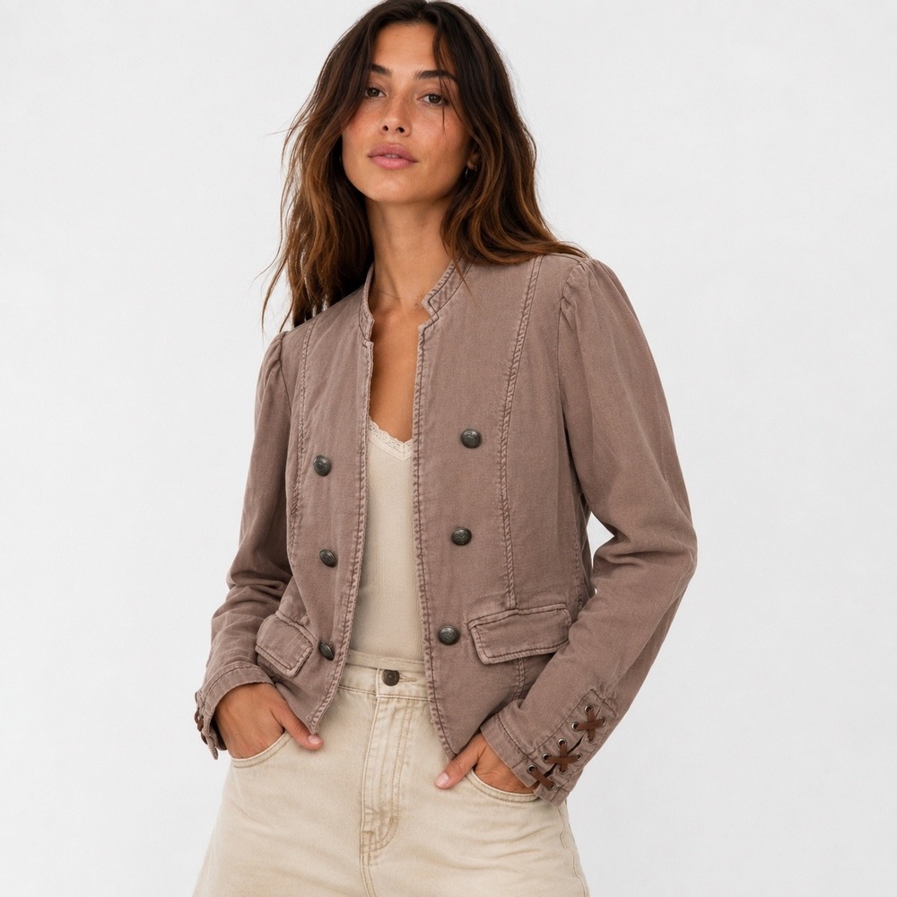 Free People Military Blazer Women M Taupe Lace Up Cuff Boho Utility Jacket